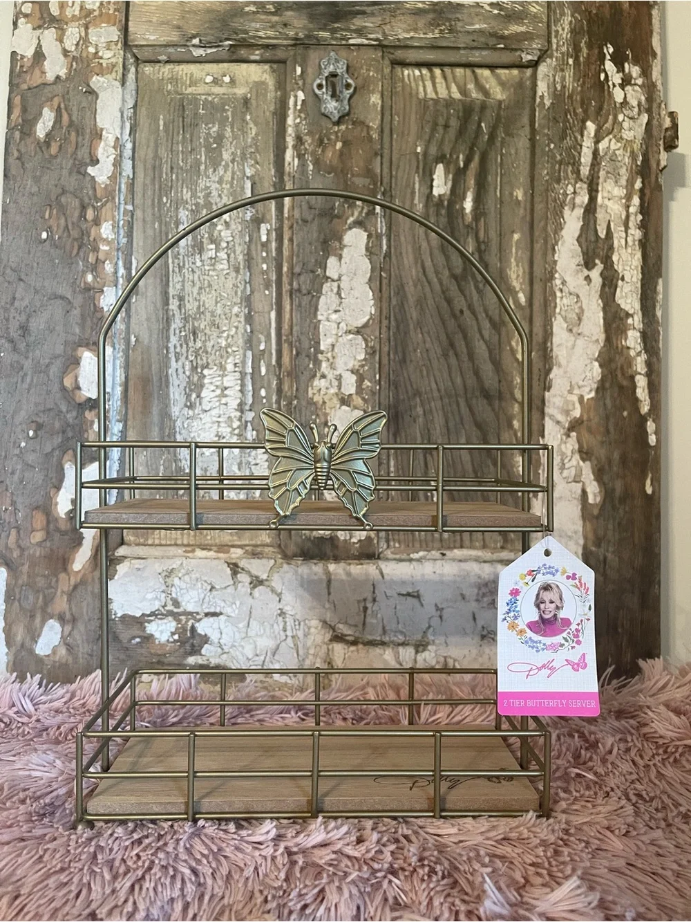 Two-Tier Metal Display Shelf with Butterfly Accent - Antique Gold